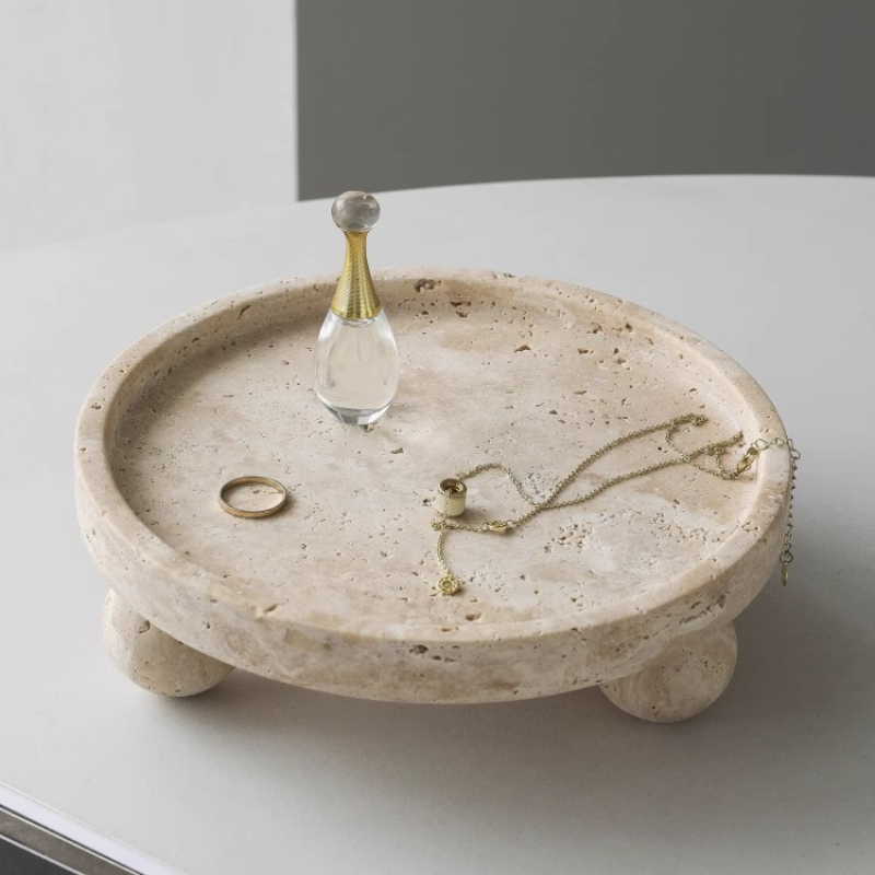 Travertine Tray Oval - Retro ถาดหินอ่อนธรรมชาติตกแต่งชามผลไม้ Vintage Travertine หินเครื่องประดับน้ําหอมสามขาตกแต่งบ้าน