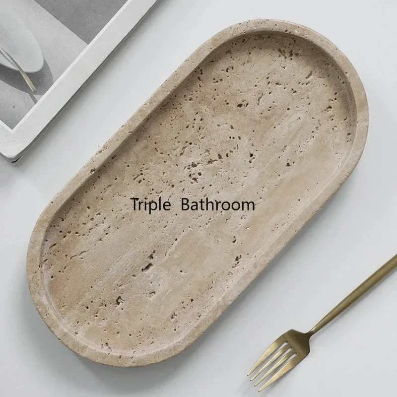Travertine Tray Oval - หินถ้ําธรรมชาติอุปกรณ์ห้องน้ําถาดเก็บเครื่องประดับอุปกรณ์ห้องน้ําโรงแรมตกแต่งห้องนั่งเล่น Key Storage Rack