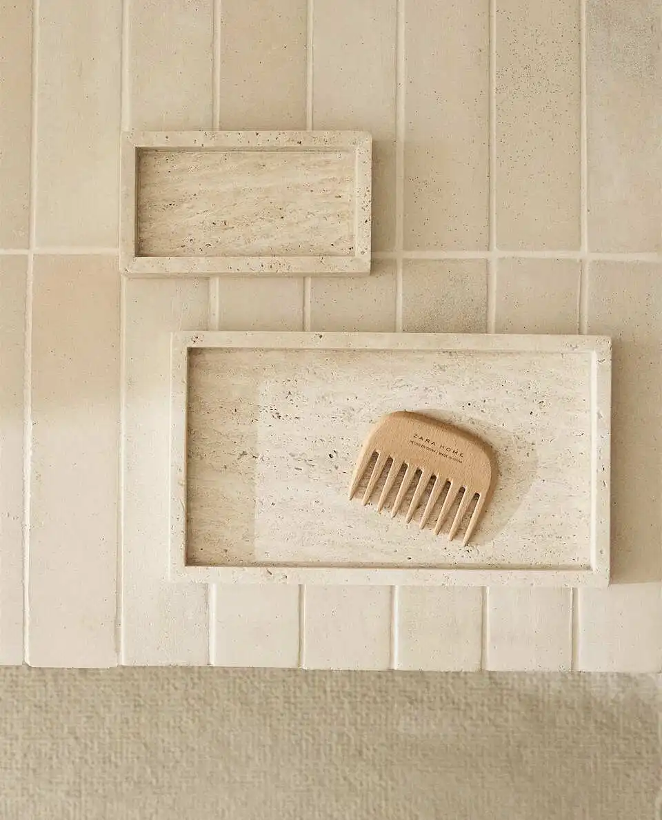 Travertine Tray Oval - ถาดหินอ่อนหินอ่อนสีเบจทรงสี่เหลี่ยมมุมฉากถาดใส่ของตกแต่งห้องน้ำขายส่ง30x20x3cm สไตล์วาบี