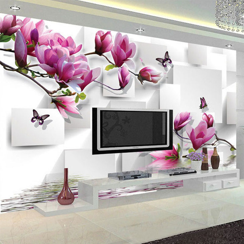 Interior Design Tv Room - แฟชั่นภายในออกแบบวอลล์เปเปอร์ 3D สเตอริโอสแควร์ Orchid สะท้อนความงามภาพจิตรกรรมฝาผนังห้องนั่งเล่นฉากหลังทีวีวอลล์เปเปอร์