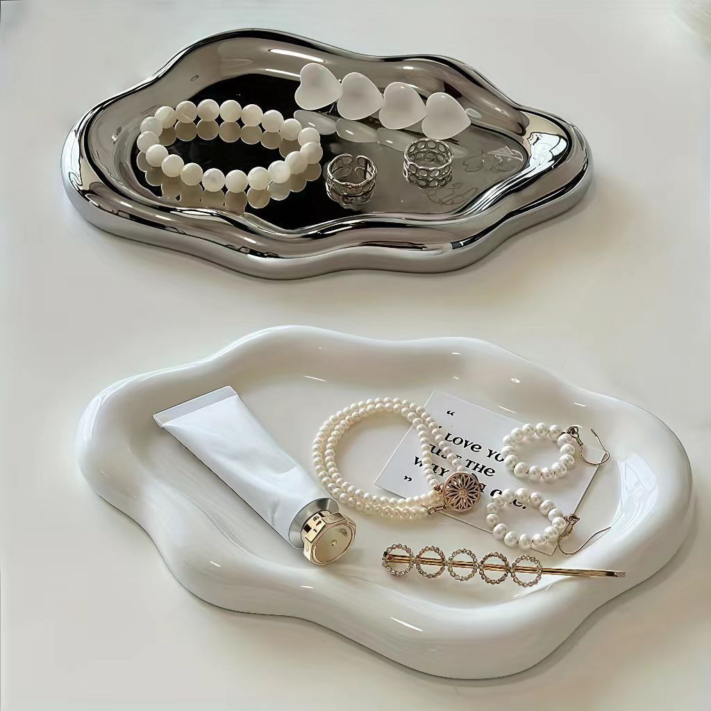 Travertine Tray Oval - ถาดใส่เครื่องประดับสำหรับผู้หญิง 1 ชิ้น, ถาดใส่ของจุกจิก, ถาดรูปเมฆ, ถาดใส่กุญแจนาฬิกา,
