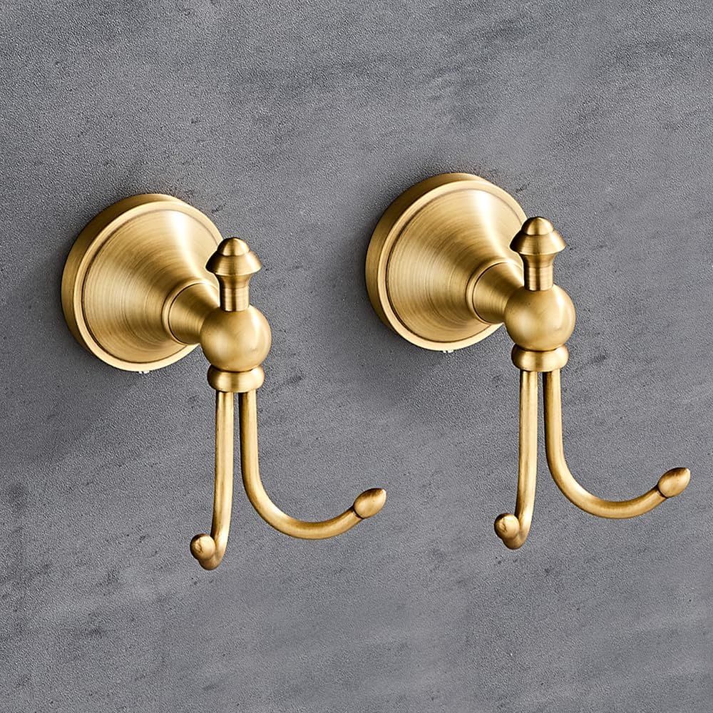 Antique Brass Hook - ตะขอแขวนผ้าเช็ดตัวทองเหลืองโบราณ ตะขอแขวนเสื้อโค้ทวินเทจแบบ 2 ตะขอ ติดผนัง สำหรับห้องน้ำและห้องครัว