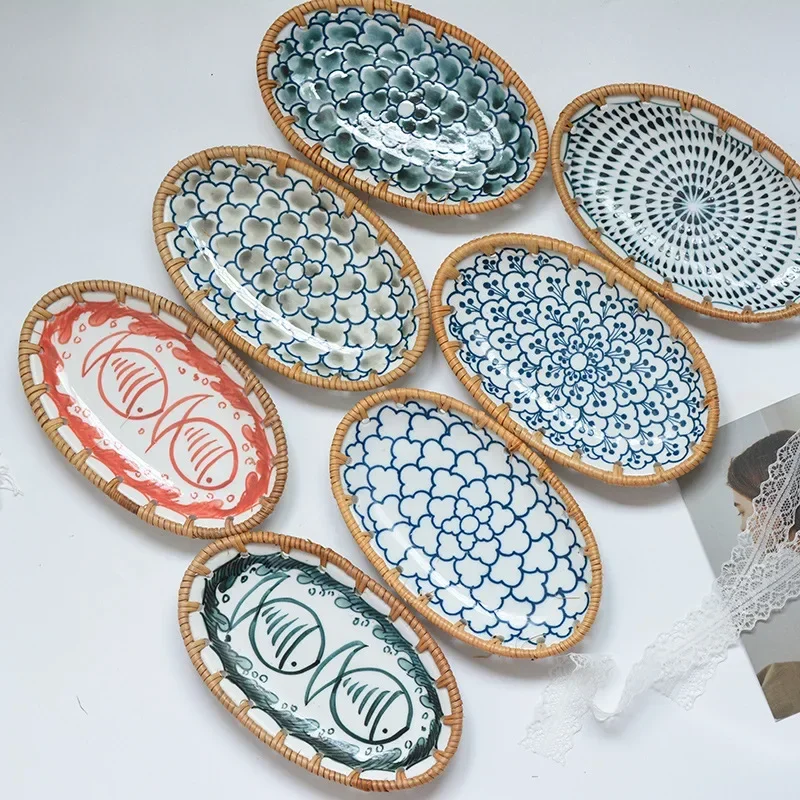 Travertine Tray Oval - ถาดผลไม้เซรามิกทอจากหวายญี่ปุ่น, ถาดอเนกประสงค์สำหรับใส่ผลไม้อบแห้ง เค้ก ขนม ของว่าง, ตะกร้าเสิร์ฟตกแต่งสำหรับโต๊ะอาหาร